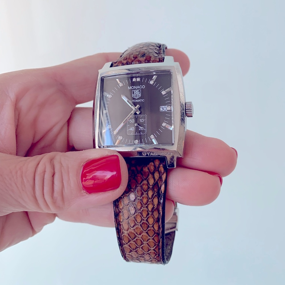 MONACO TAG HEUER 13 diamonds automatic men’s watch. Python skin leather strap. - Picture 1 of 14